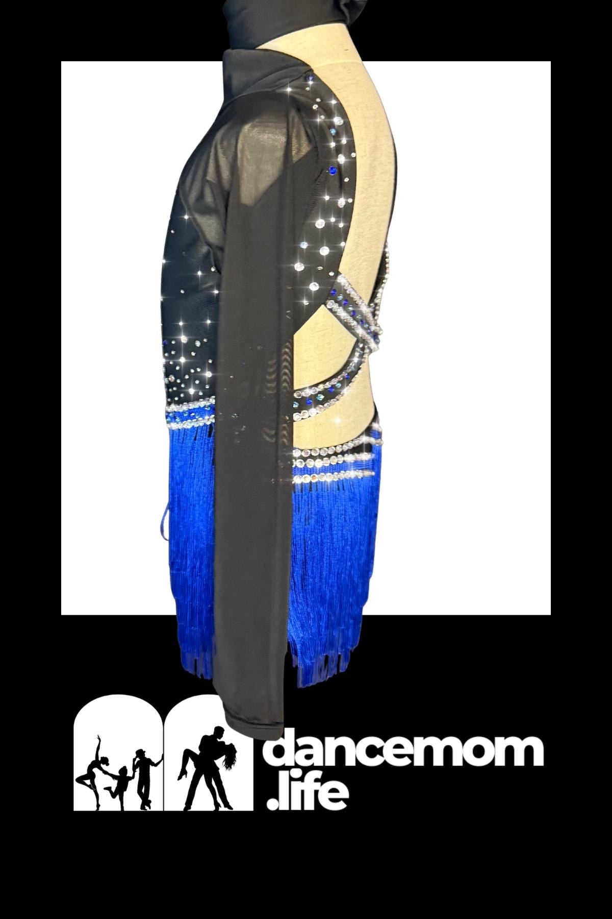 Latin Ballroom Dance Costume - Black Blue Floral Rhinestone - Size 130 (US Child’s 7-8) - "Cha Cha Mystique"