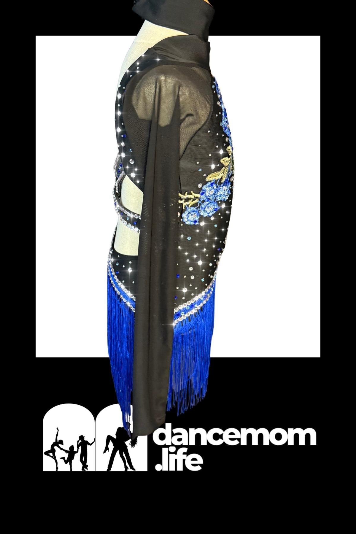 Latin Ballroom Dance Costume - Black Blue Floral Rhinestone - Size 130 (US Child’s 7-8) - "Cha Cha Mystique"