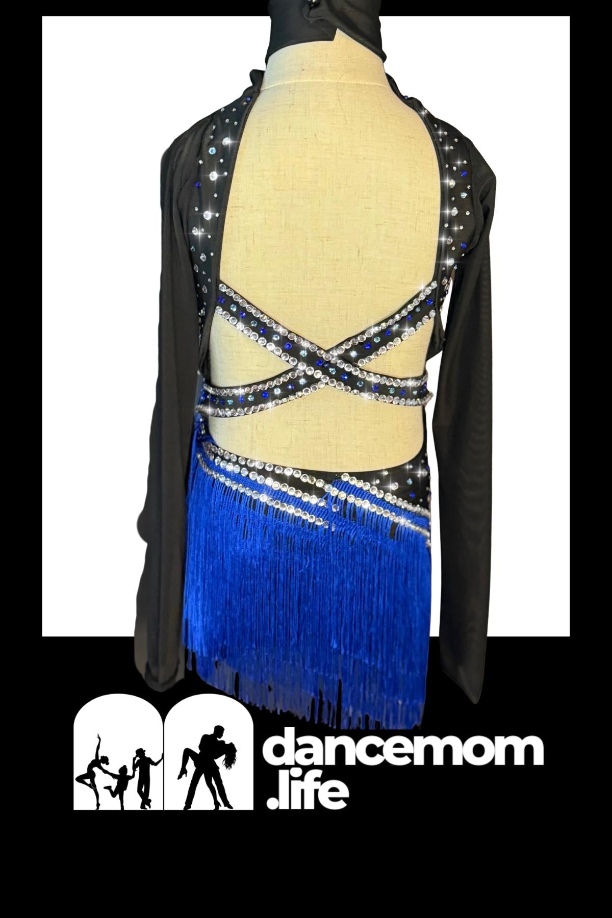 Latin Ballroom Dance Costume - Black Blue Floral Rhinestone - Size 130 (US Child’s 7-8) - "Cha Cha Mystique"