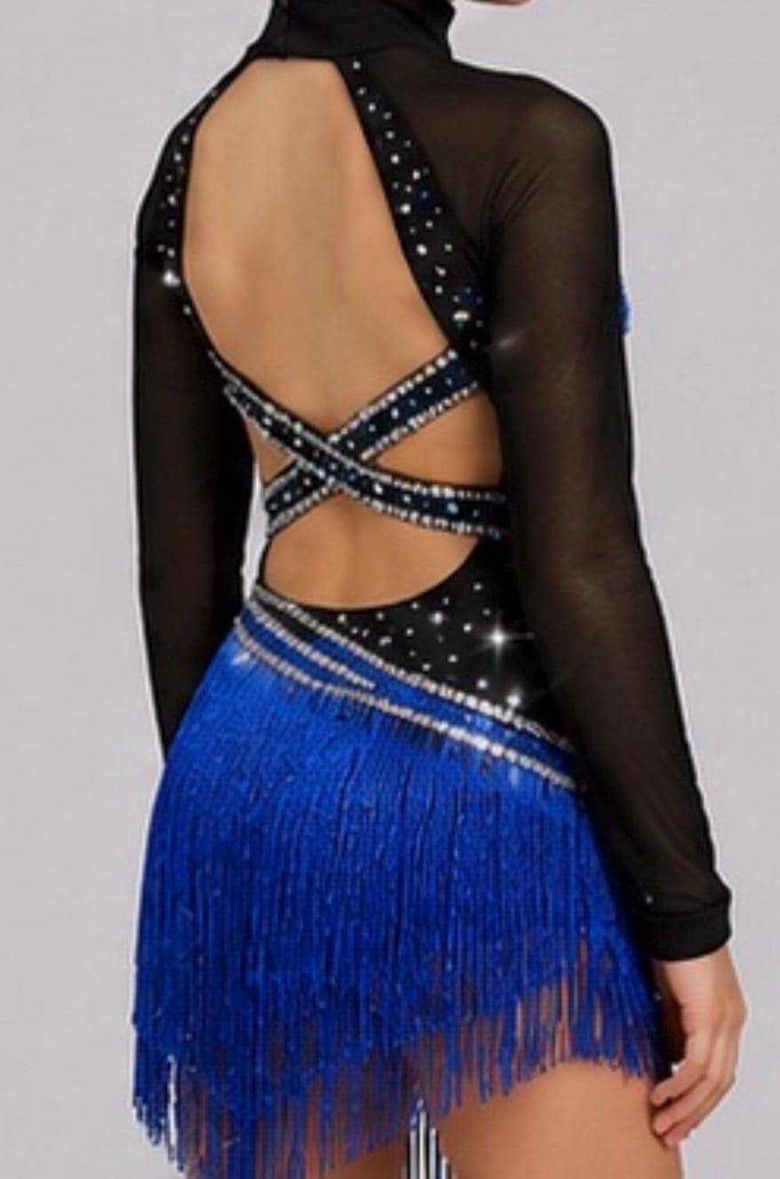 Latin Ballroom Dance Costume - Black Blue Floral Rhinestone - Size 130 (US Child’s 7-8) - "Cha Cha Mystique"
