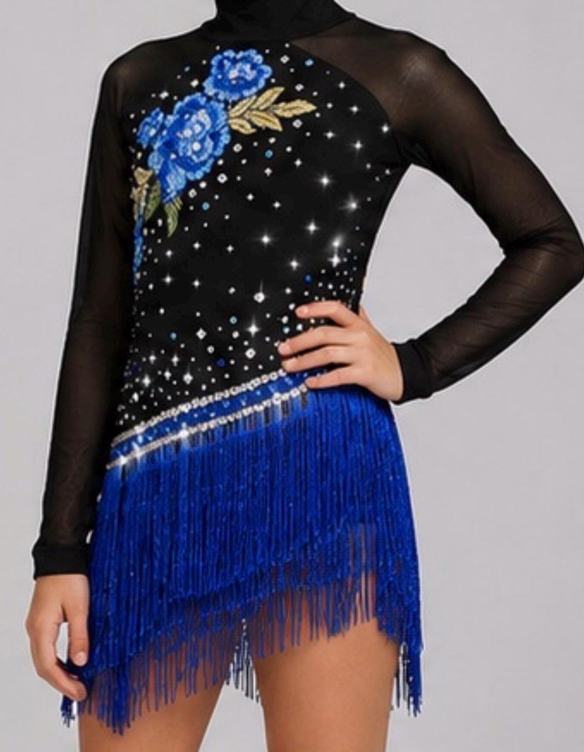 Latin Ballroom Dance Costume - Black Blue Floral Rhinestone - Size 130 (US Child’s 7-8) - "Cha Cha Mystique"