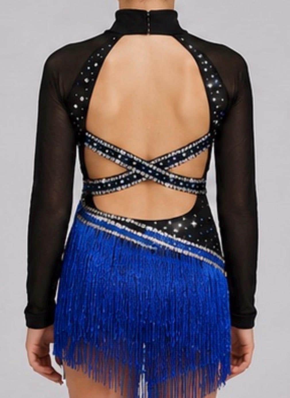 Latin Ballroom Dance Costume - Black Blue Floral Rhinestone - Size 130 (US Child’s 7-8) - "Cha Cha Mystique"