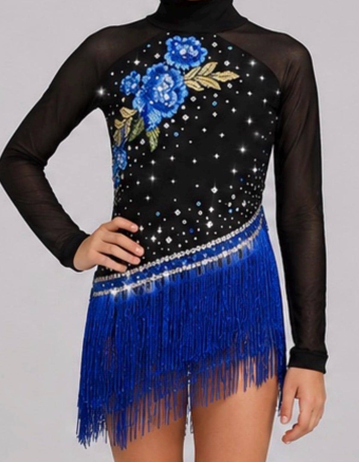 Latin Ballroom Dance Costume - Black Blue Floral Rhinestone - Size 130 (US Child’s 7-8) - "Cha Cha Mystique"