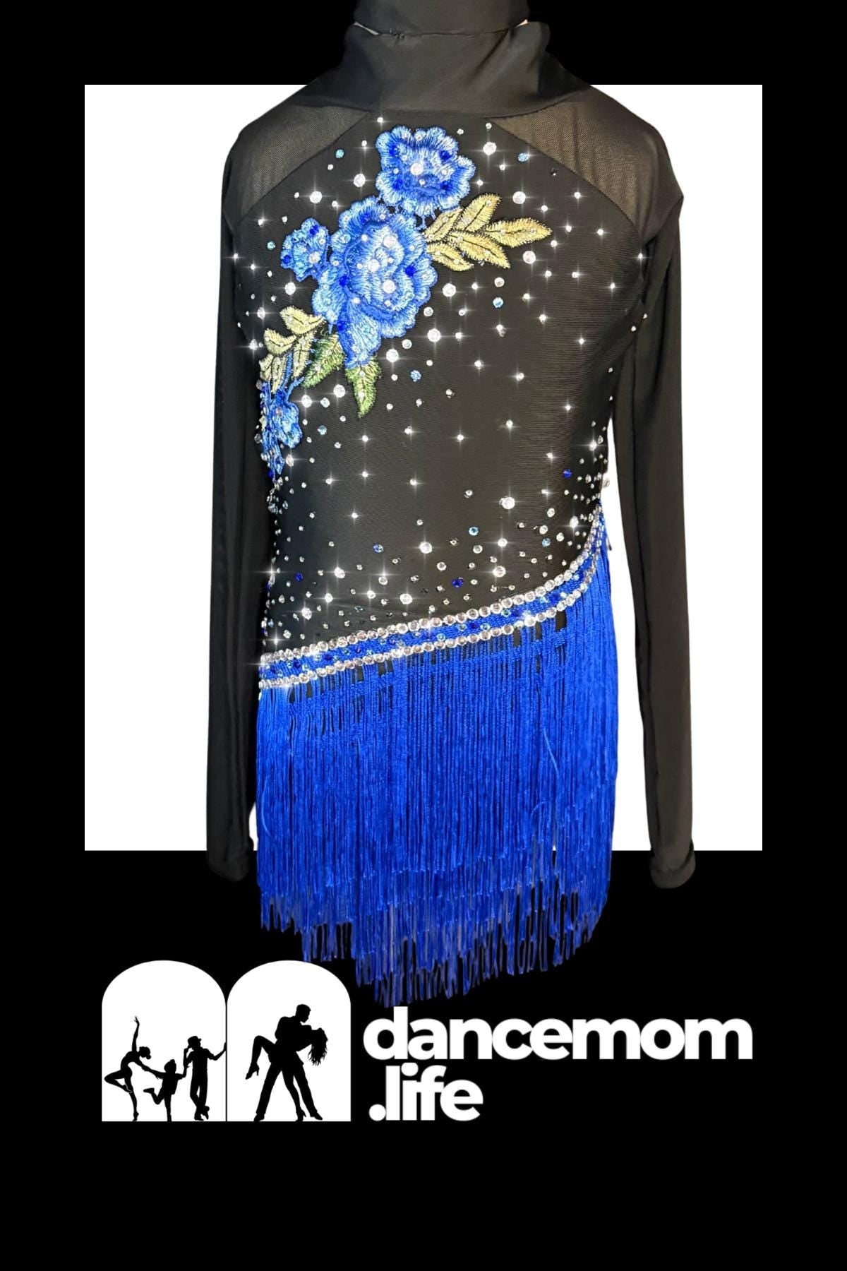 Latin Ballroom Dance Costume - Black Blue Floral Rhinestone - Size 130 (US Child’s 7-8) - "Cha Cha Mystique"