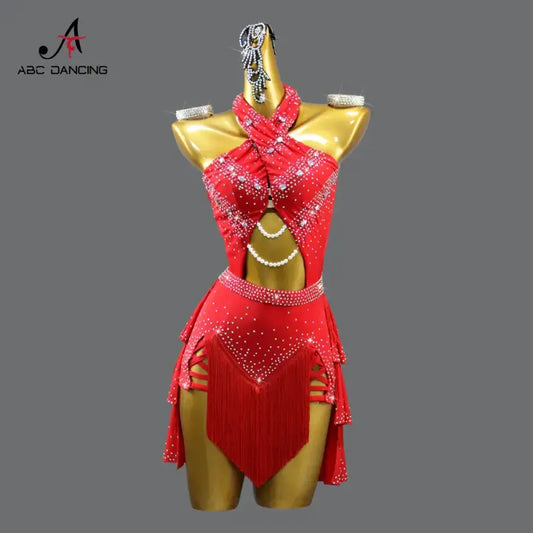 Red, jeweled, fringed dance dress.