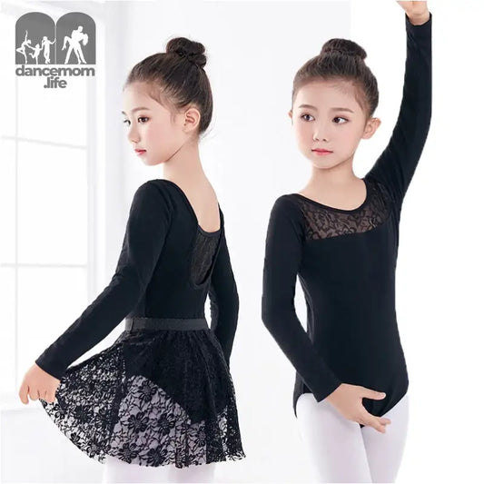 Black ballet leotards with long sleeves, one styled with a lace tutu skirt and one without.