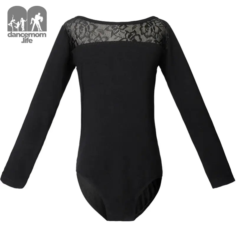 Black long-sleeved leotard with lace neckline detail.