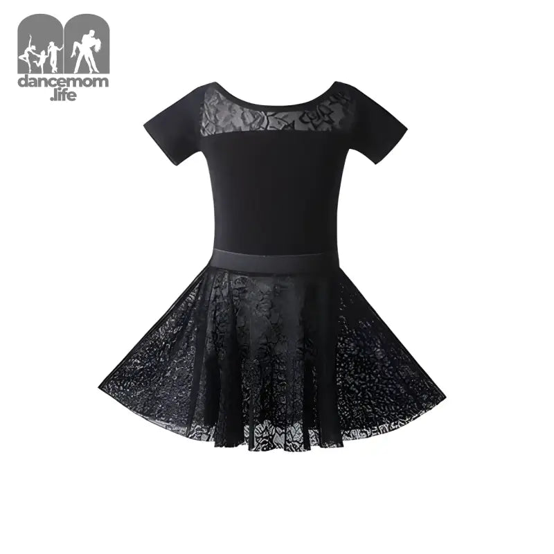 Black lace ballet dress with short sleeves and a flared skirt.