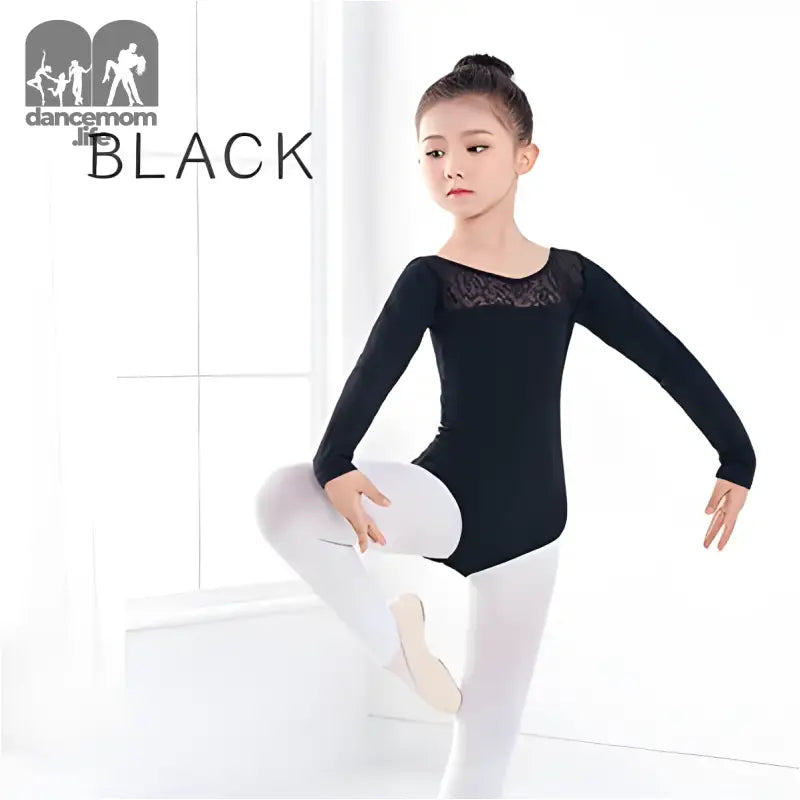 Black long-sleeved ballet leotard with lace neckline detail.