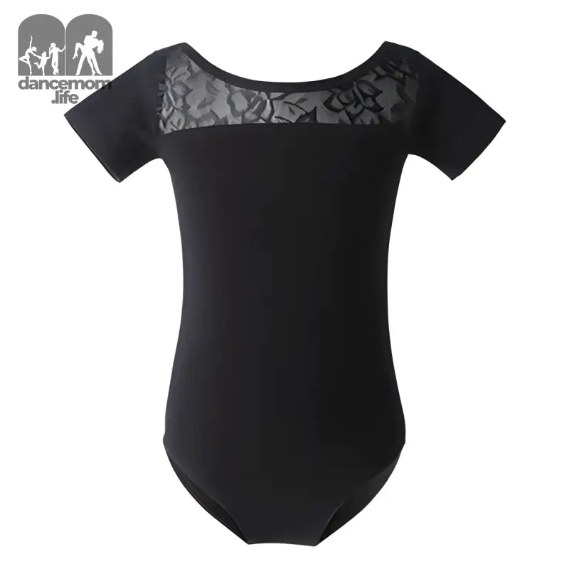 Black short-sleeved leotard with lace detail at the neckline.