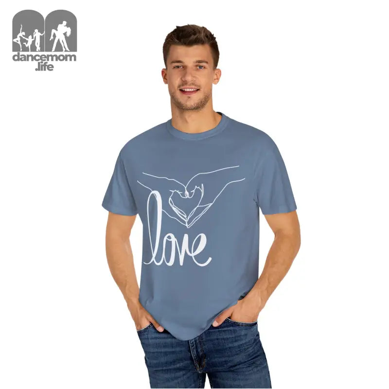 Light blue t-shirt with white ’love’ text and hand design graphic.