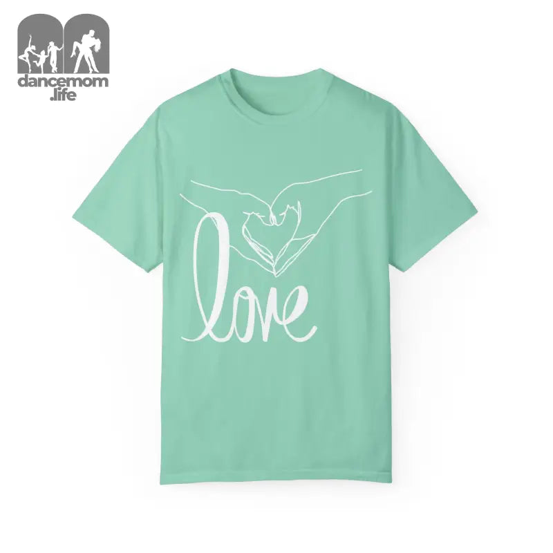 Mint green t-shirt with white ’love’ text and heart hand gesture design.