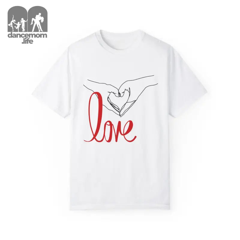 White t-shirt featuring hands forming a heart shape with red ’love’ text below.