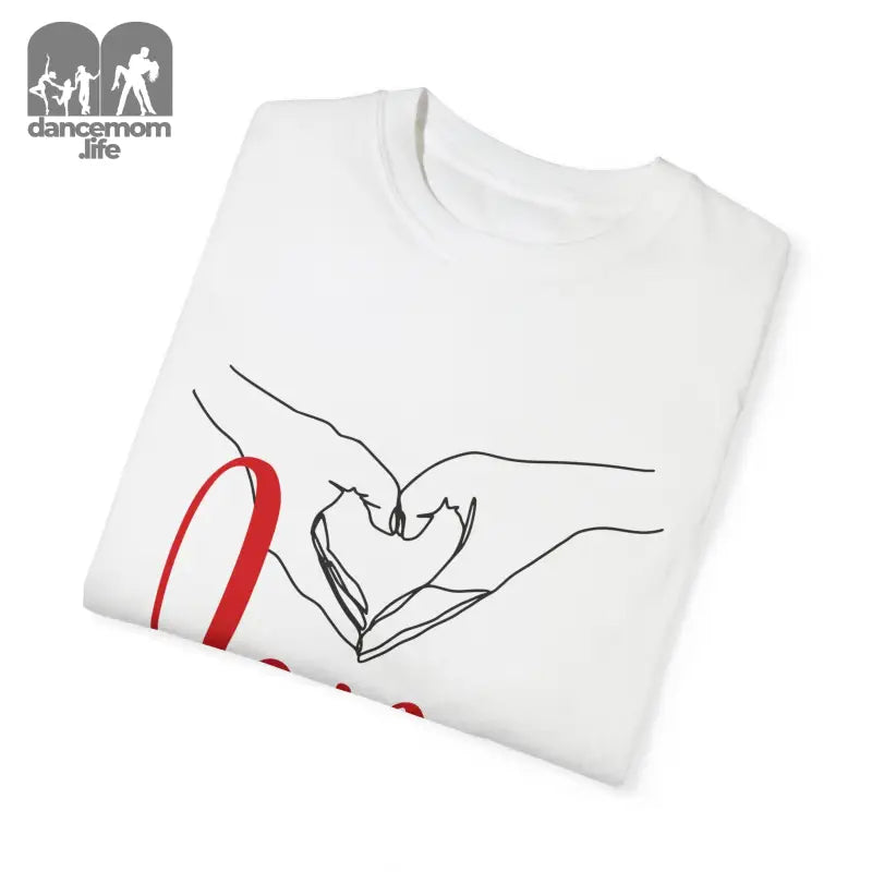 White t-shirt with a minimalist line drawing of hands forming a heart shape.