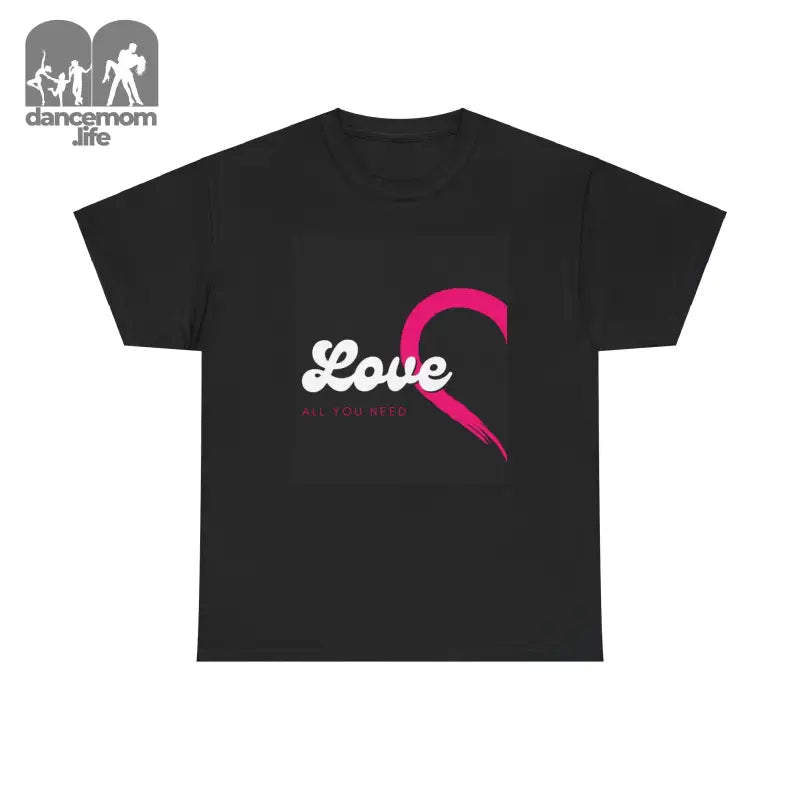 Black t-shirt with ’Love’ text and a pink curved design element.