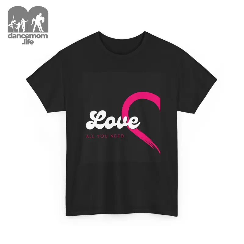 Black t-shirt with ’Love’ text and a pink curved design.