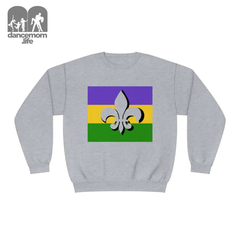 Grey sweatshirt featuring a Mardi Gras flag design with fleur-de-lis symbol.