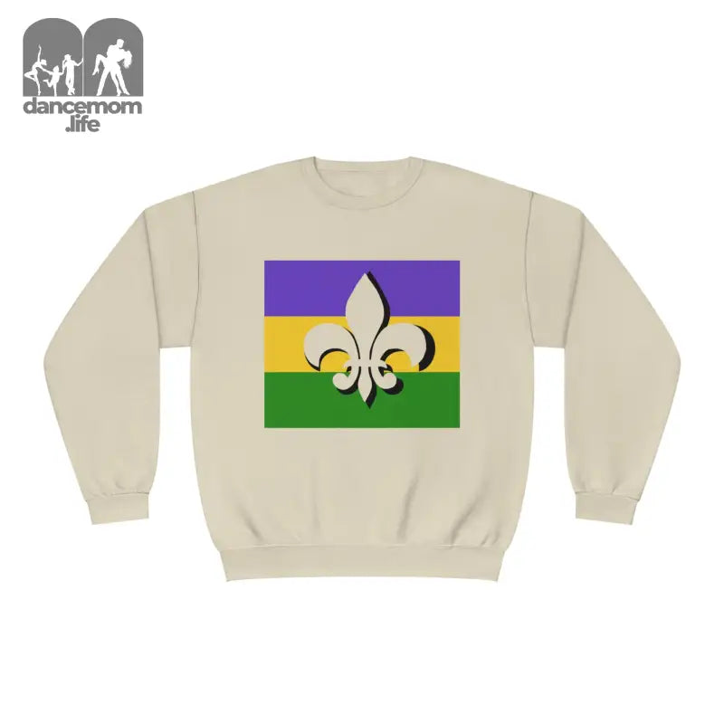 Beige sweatshirt featuring a Mardi Gras flag design with purple, gold, and green stripes and a fleur-de-lis symbol.