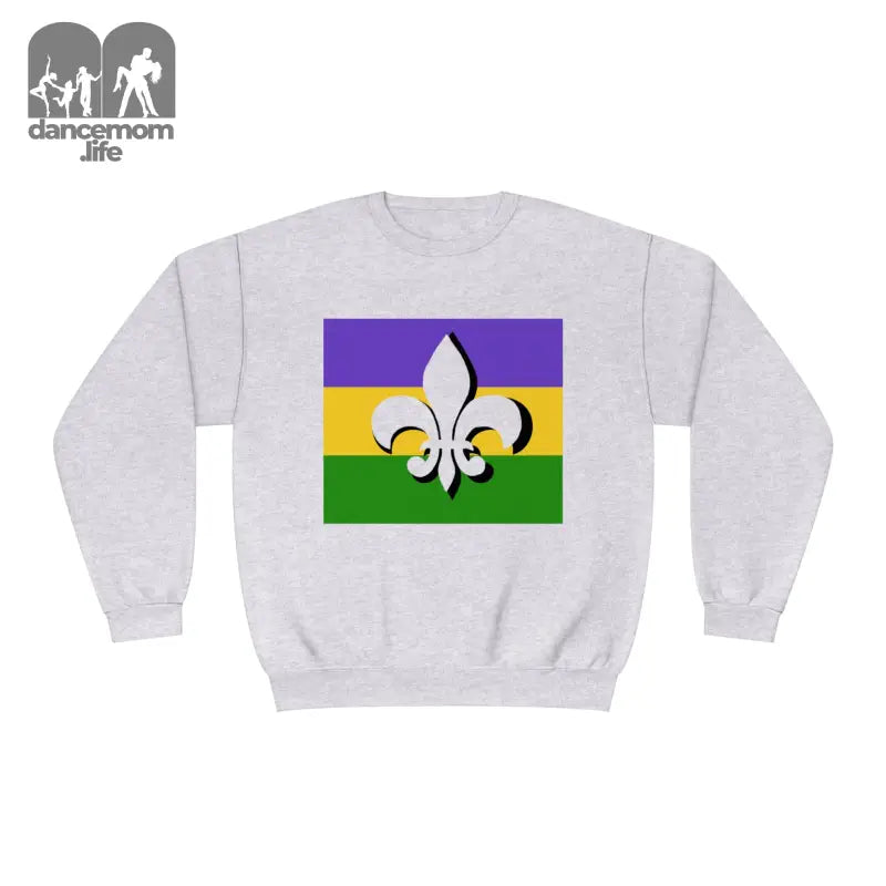 Light gray sweatshirt featuring a Mardi Gras flag design with purple, gold, and green stripes and a white fleur-de-lis symbol.