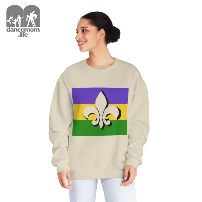 Beige sweatshirt featuring a Mardi Gras flag design with fleur-de-lis symbol.