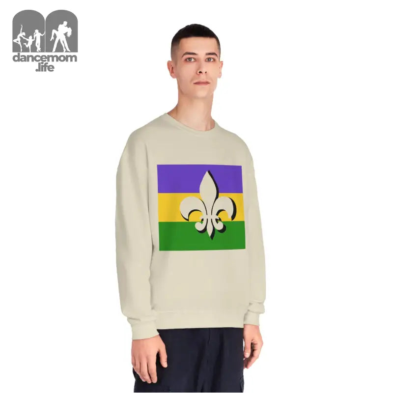 Beige sweatshirt featuring a Mardi Gras flag design with purple, gold, and green stripes and a fleur-de-lis symbol.