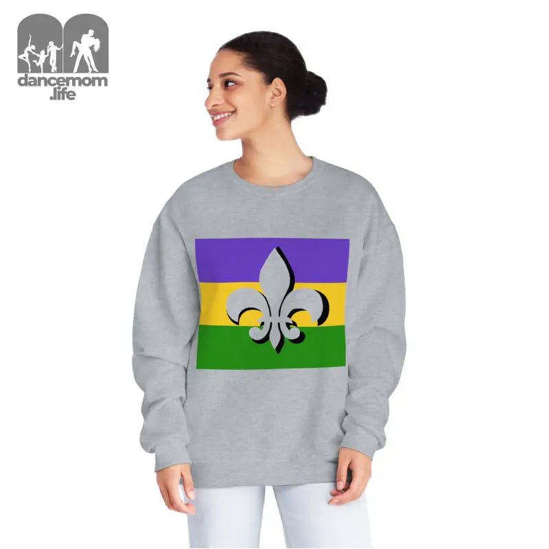 Grey sweatshirt featuring a fleur-de-lis symbol on a purple, gold, and green striped flag design.