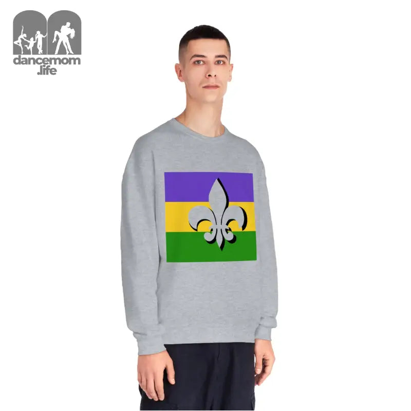 Grey sweatshirt featuring a Mardi Gras flag design with purple, gold and green stripes and a fleur-de-lis symbol.