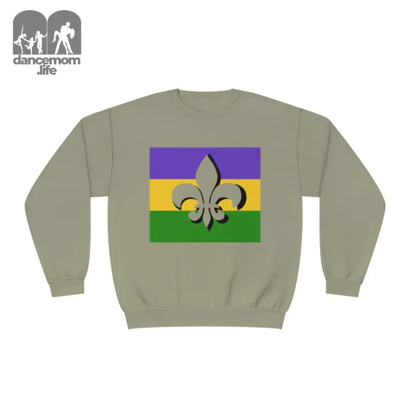 Grey sweatshirt featuring a Mardi Gras flag design with fleur-de-lis symbol.