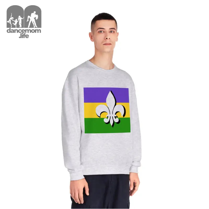 Light gray sweatshirt featuring a Mardi Gras flag design with purple, gold and green stripes and a white fleur-de-lis symbol.