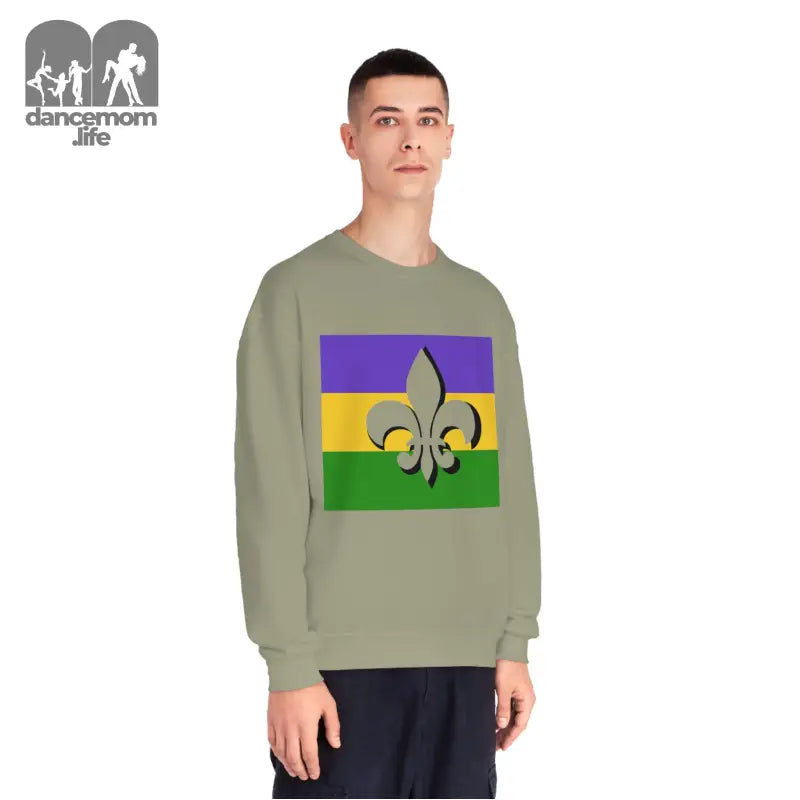 Sage green sweatshirt featuring a Mardi Gras flag design with purple, gold and green stripes and a fleur-de-lis symbol.