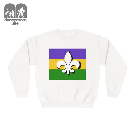 White sweatshirt featuring a Mardi Gras flag design with purple, gold, and green stripes and a fleur-de-lis symbol.