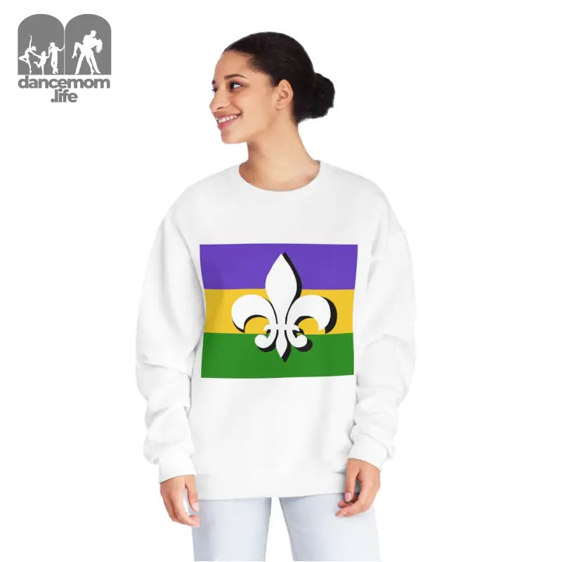 White sweatshirt featuring a Mardi Gras flag design with fleur-de-lis symbol in purple, gold, and green stripes.