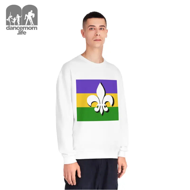 White sweatshirt featuring a Mardi Gras flag design with purple, gold and green stripes and a white fleur-de-lis symbol.