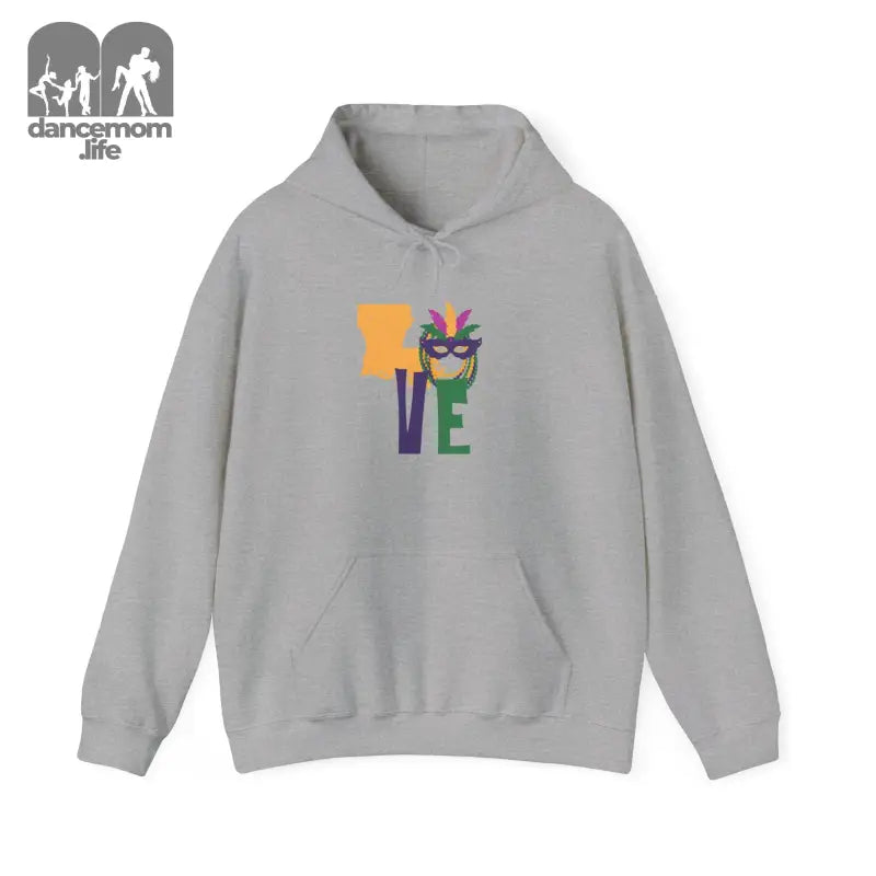 Grey hoodie sweatshirt with colorful ’LOVE’ text graphic design on the front.