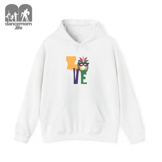 White pullover hoodie with colorful ’LOVE’ text and tropical flower design.