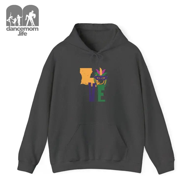 Dark gray pullover hoodie with a colorful ’LOVE’ graphic design on the front.