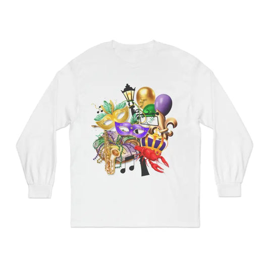 White long-sleeve t-shirt with colorful Mardi Gras themed artwork featuring masks, balloons, musical notes, and festive decorations.