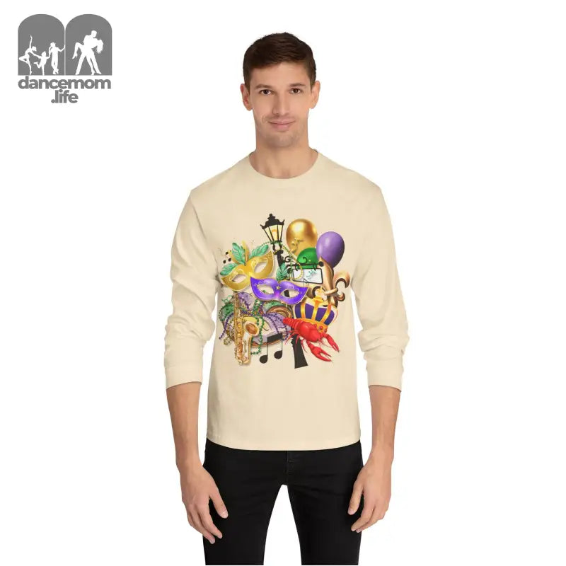 Cream-colored long sleeve sweatshirt featuring colorful cartoon characters and balloons design.