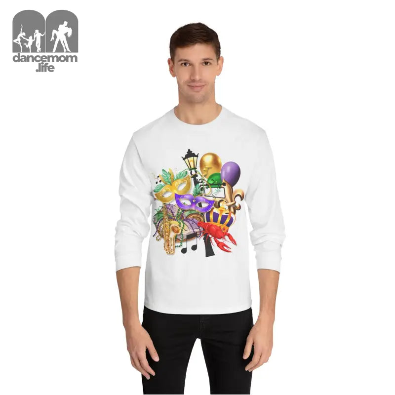 White long-sleeve t-shirt with colorful party-themed cartoon graphics featuring balloons and musical notes.