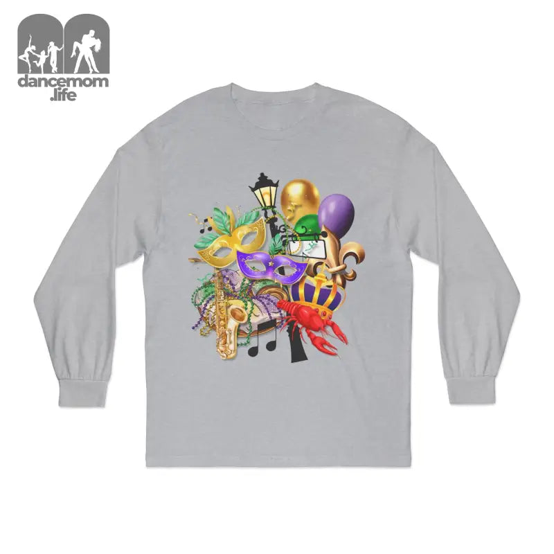 Grey long-sleeve t-shirt with colorful Mardi Gras themed artwork on the back.