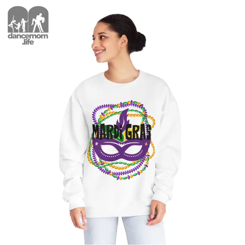 White sweatshirt featuring a Mardi Gras design with a purple mask and colorful beaded necklaces.