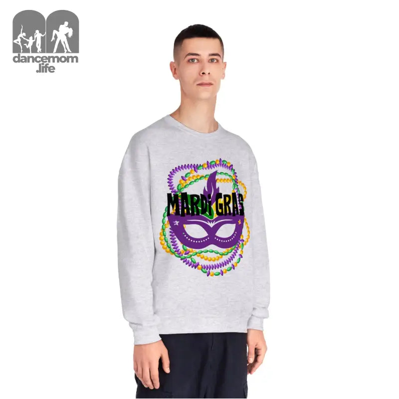 Light gray sweatshirt featuring a colorful Mardi Gras mask and beads design.