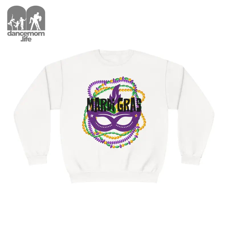 White sweatshirt featuring a Mardi Gras mask design with purple, green and gold beads.