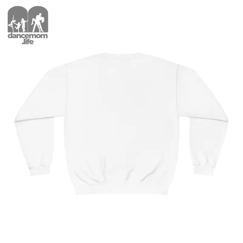 Plain white crewneck sweatshirt with long sleeves.