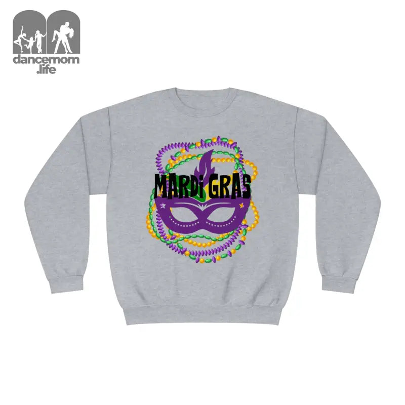 Grey sweatshirt with a colorful Mardi Gras mask and beads design.