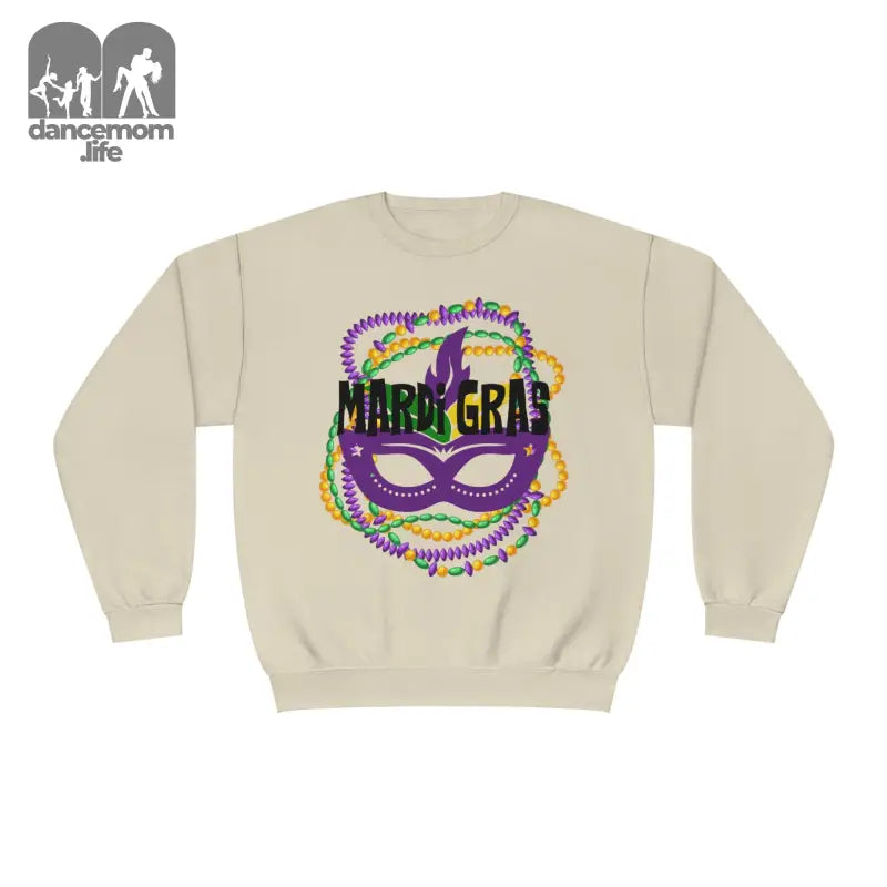 Beige sweatshirt featuring a Mardi Gras mask design with purple, green and gold beads.