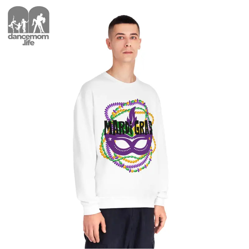 White sweatshirt with colorful Mardi Gras mask and beads design printed on the front.