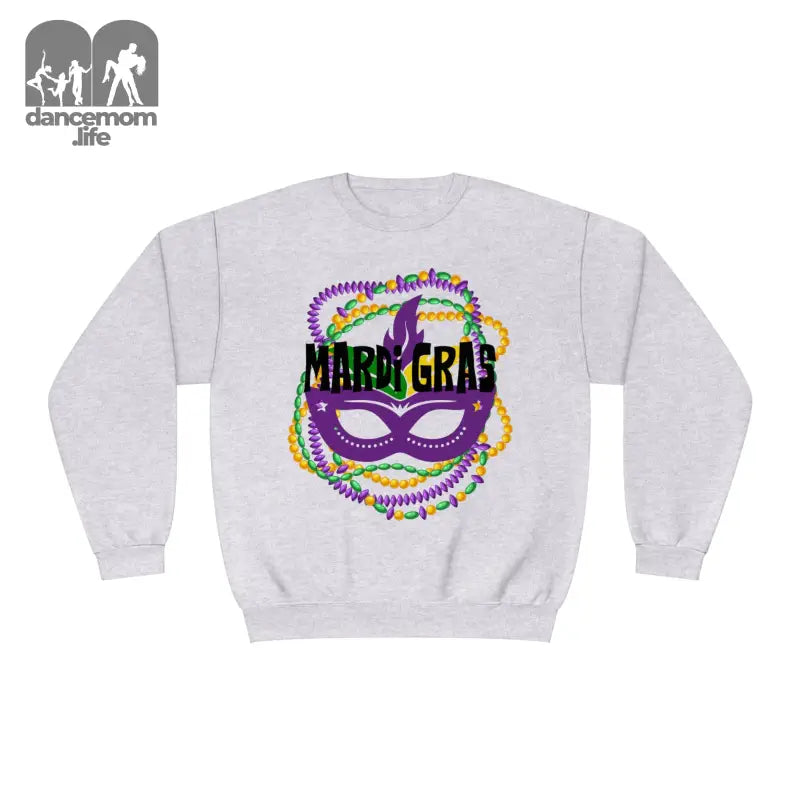 Light gray sweatshirt with a Mardi Gras mask and beads design printed on the front.