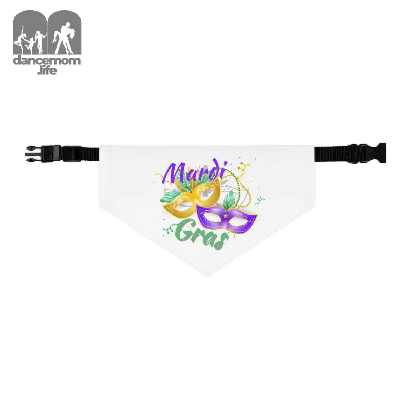 White bandana with colorful ’Mardi Gras’ text and mask design featuring purple, green, and gold accents.