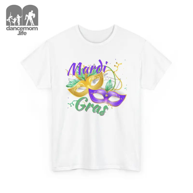 White t-shirt featuring a colorful Mardi Gras design with carnival masks and text.